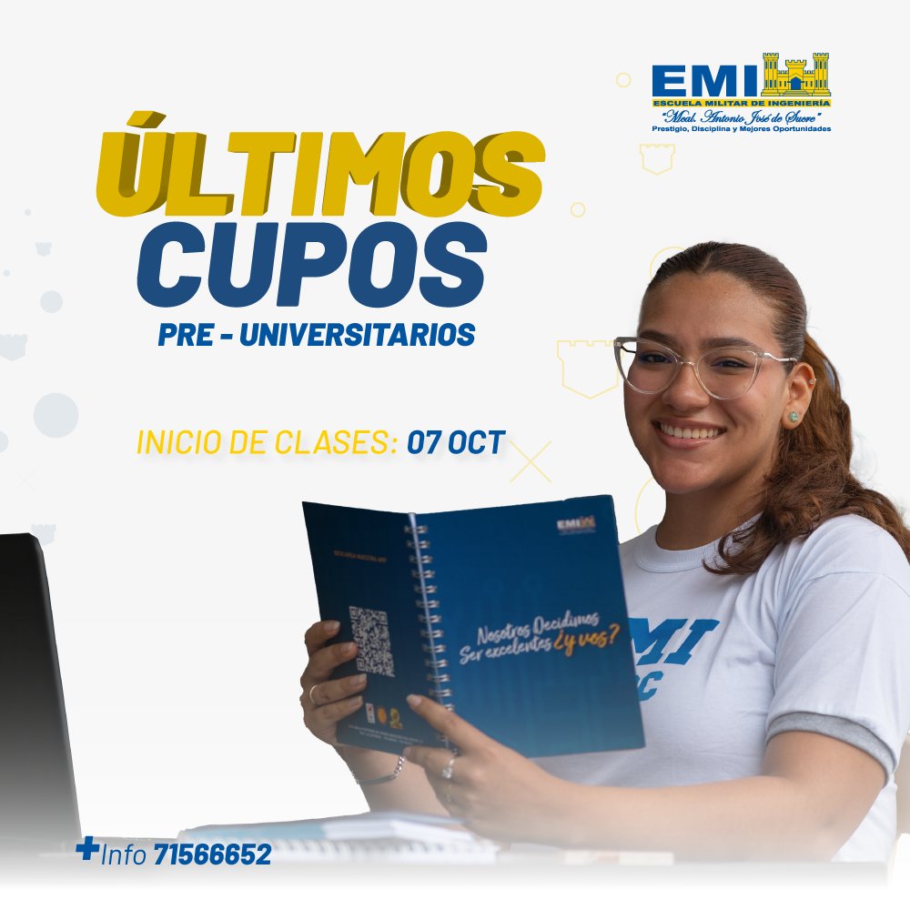 ¬°√öùóπùòÅùó∂ùó∫ùóºùòÄ ùó∞ùòÇùóΩùóºùòÄ ùó±ùó∂ùòÄùóΩùóºùóªùó∂ùóØùóπùó≤ùòÄ!  No te quedes fuera de nuestros ùó£ùóøùó≤ùòÇùóªùó∂ùòÉùó≤ùóøùòÄùó∂ùòÅùóÆùóøùó∂ùóºùòÄ ùóòùó†ùóú que arrancan este 7 de octubre.  Ya sea de manera : - Virtual  - Presencial Prep√°rate con los mejores y asegura tu ingreso a la universidad que har√° despegar tu futuro.  Aprovecha esta oportunidad de reforzar tus conocimientos en matem√°ticas, f√≠sica y m√°s, con el respaldo de la EMI. ¬°Inscr√≠bete ya antes de que se acaben los lugares! #PreuniversitarioEMI #FuturoIngenieros #√öltimosCupos #VirtualYPresencial #Educaci√≥nDeCalidad #EMI